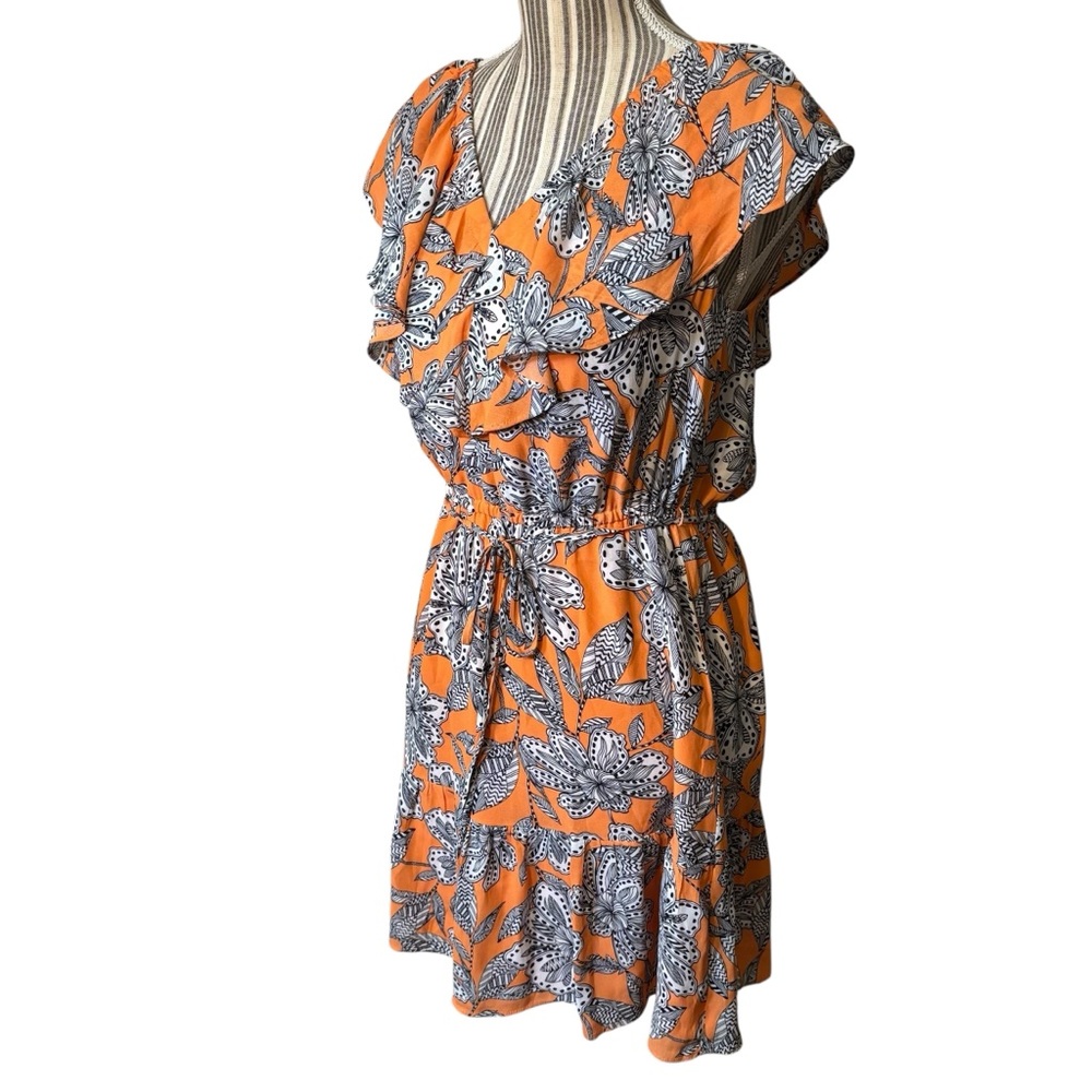 SALE! LOFT Dress XS Orange Black White Floral Mini Retro Ruffle Elastic Neckline - Picture 9 of 16